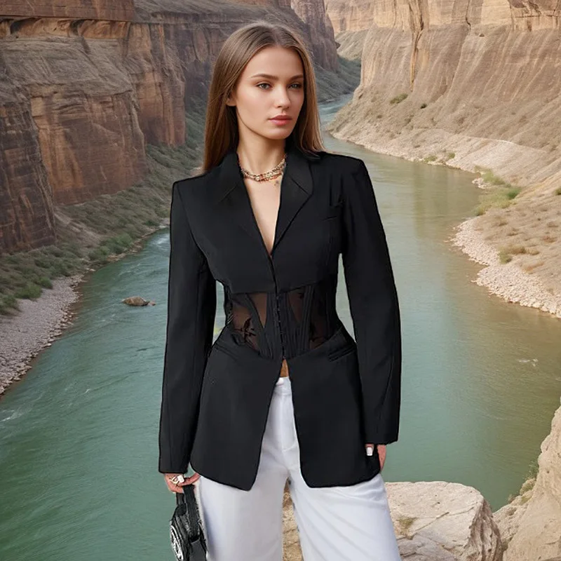 

Женское повседневное свободное короткое пальто, осенняя мода, отложной воротник, рукава «летучая мышь», прозрачный дизайн талии