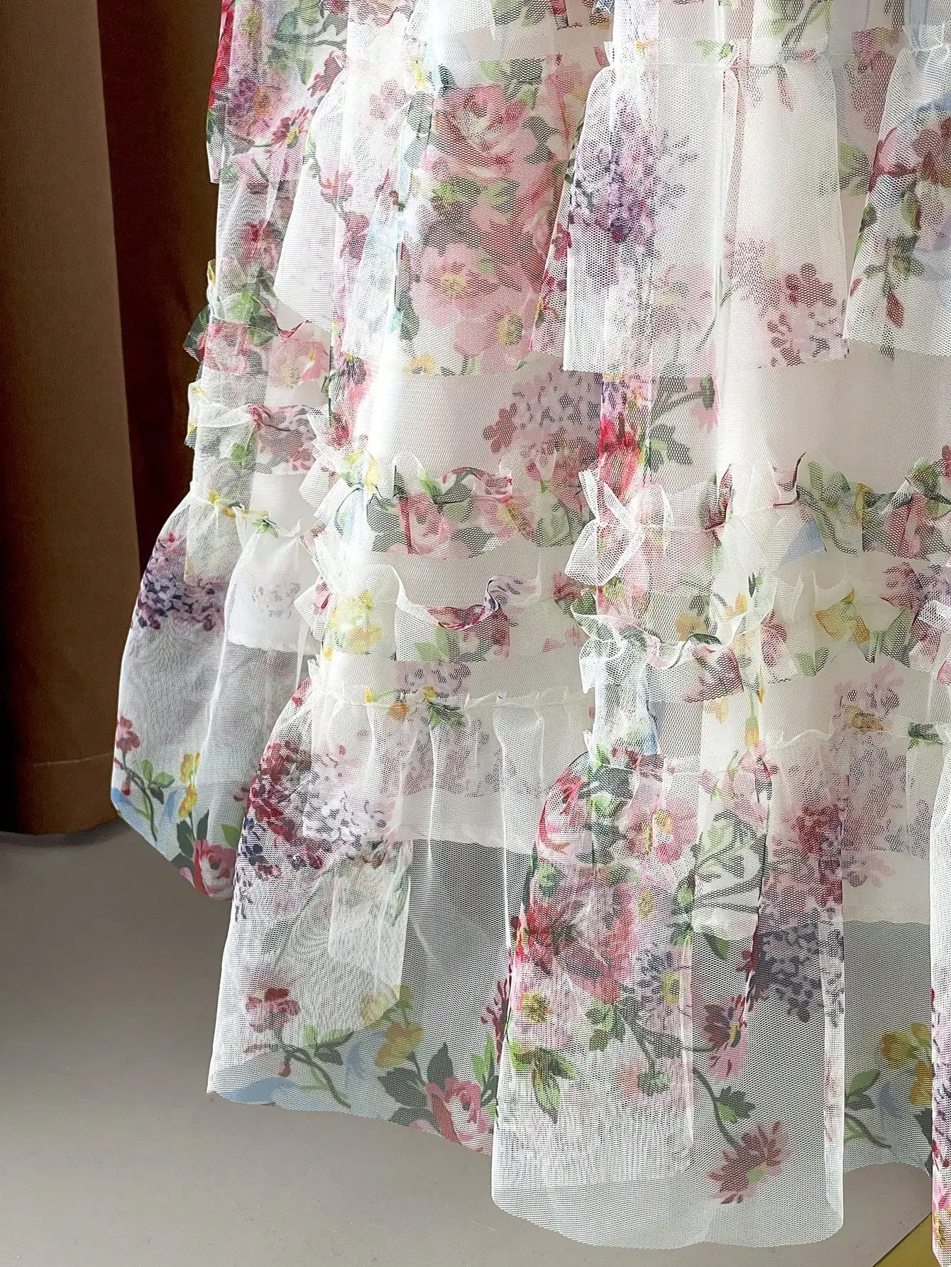 

Floral Tiered Tulle Dress With Ruffles Short Sleeve V Neck Floor Length