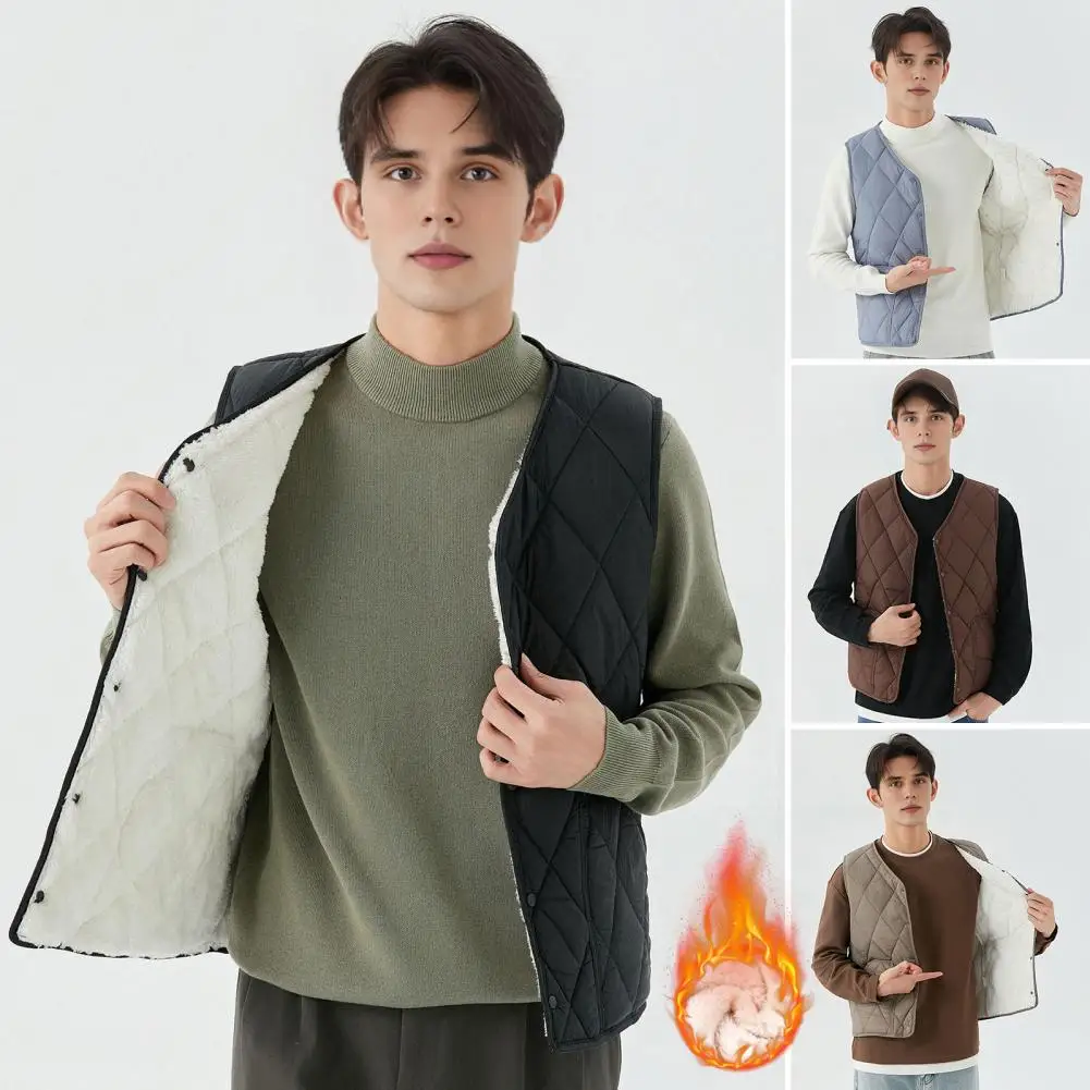 

Men Winter Waistcoat No Collar Single Breasted Solid Waistcoat with Pockets Thickened Velvet Lining Vest Coat Winter Vest Coat