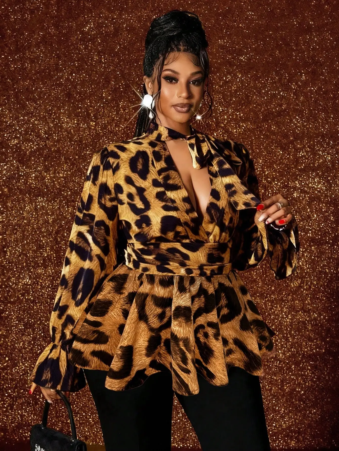 

Leopard Print V-Neck Tie Waist Long Sleeve Peplum Blouse Plus Size