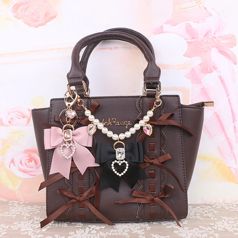 Handmade Japanese Style Girl Sweet Cute Bow Rhinestone Stringed Pearls Handbag Pendant Lolita Bag Charms Keyrings Accessories