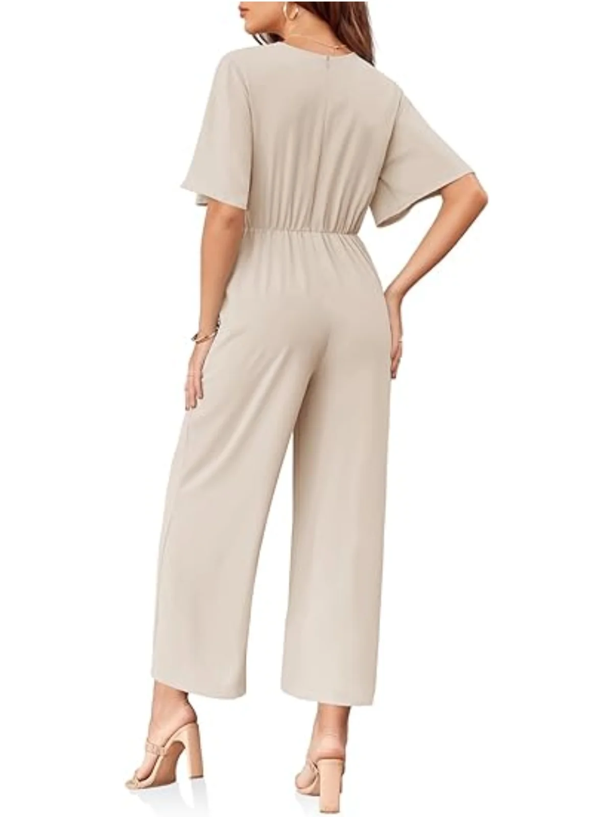 Women\'s Wide Leg Jumpsuits Summer Elegant Sweet Solid Loose V-neck Flared Short Sleeved Straight Pants Tie Knot Front Romper