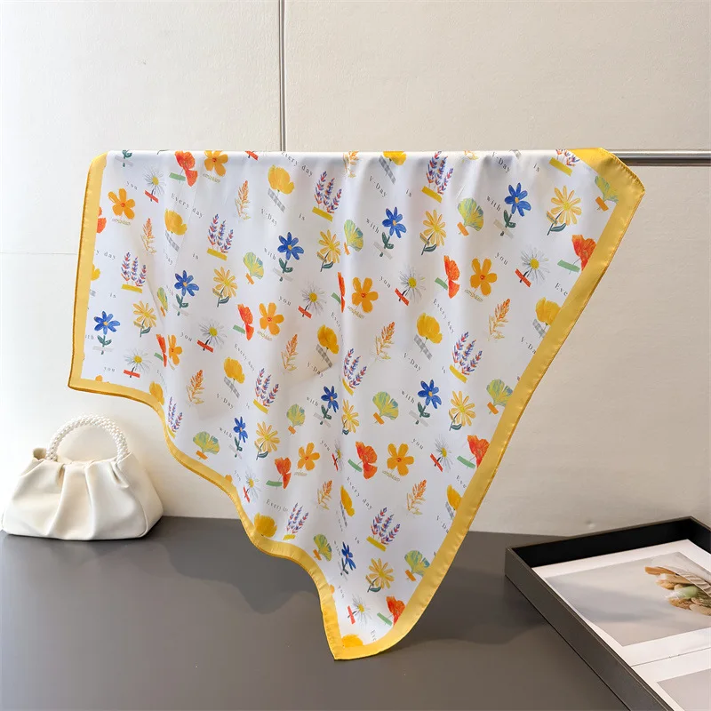 

2026 весна лето цветочный 70 см квадратный женский шарф шелковые атласные шарфы шаль дизайнерская повязка на голову хиджаб бандана накидка Bufanda Lady