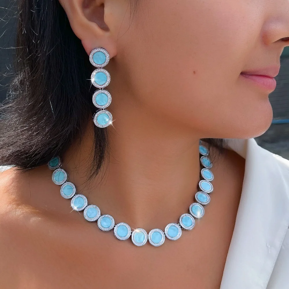 

BeaQueen Elegant Shiny Zirconia With Light Blue Enamel Round Chain Link Necklace Earrings Wedding Jewelry Sets for Brides T1040
