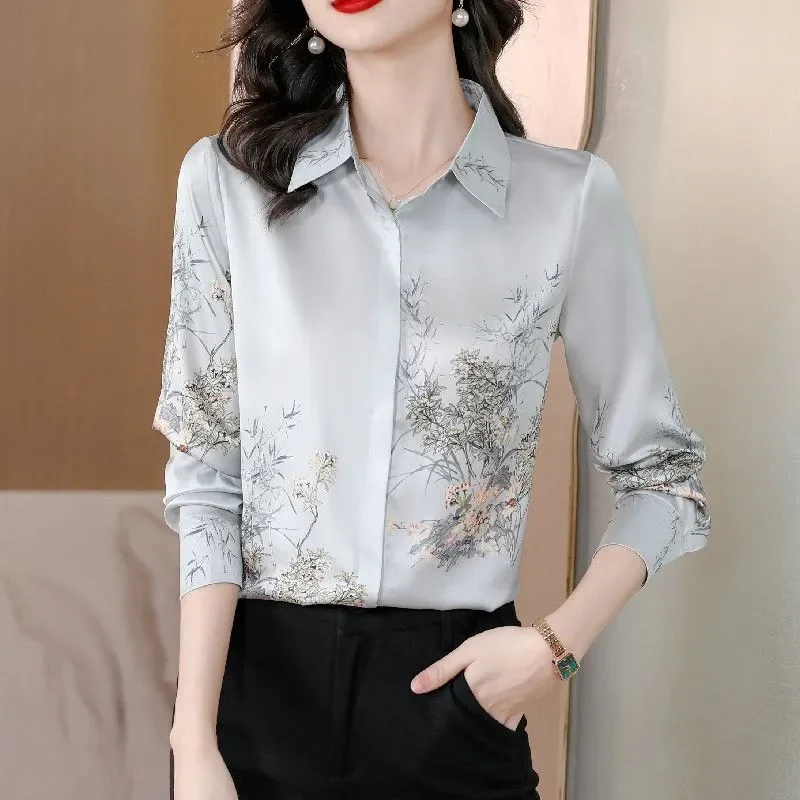 Women Floral Print Silk Blouse Long Sleeve Elegant Casual Office Shirt
