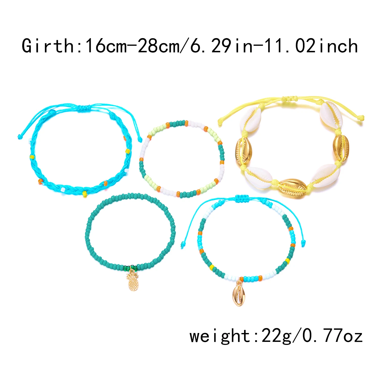 7-teiliges tropisch inspiriertes Armband-Set für Damen, Boho-Strand-Muschel-Ananas-Palmen-Anhänger-Schmuck, Sommer-Festival-Accessoires – Detail 6