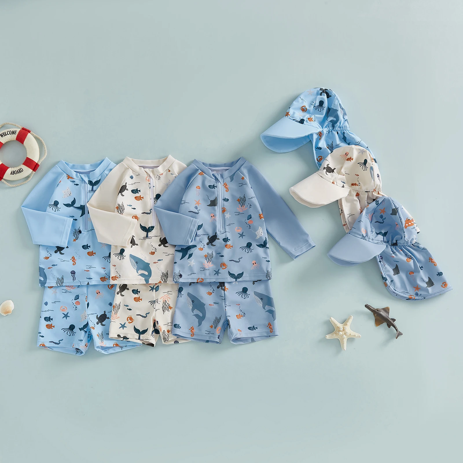 Baby Toddler Boy Swimsuit Rashguard Set Cute Marine Life Printed Long Sleeve Tops with Shorts, Hat 3 Pcs Swimwear