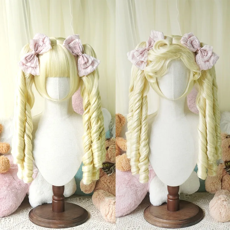 Synthetic Lolita Wig With Long Roman Roll Ponytail Short Bob Wig Lolita Cosplay Party Harajuku Blonde Wig With Bangs for Women
