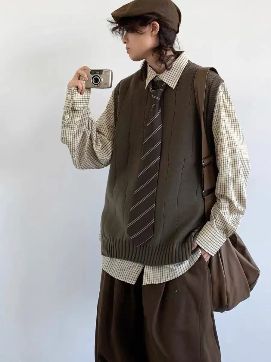 

Loose ex Knitted Vest Autumn Winter Japanese Sle Vintage Md Svel Top Pure Color Casual Faion Polyester Fiber