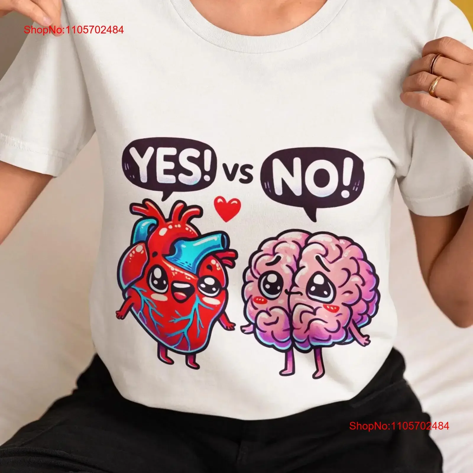 Heart vs Brain Cartoon T Shirt Cute Emotional Logical Debate Unique Design for Fun Thinkers vintage Washed Versatile fashion