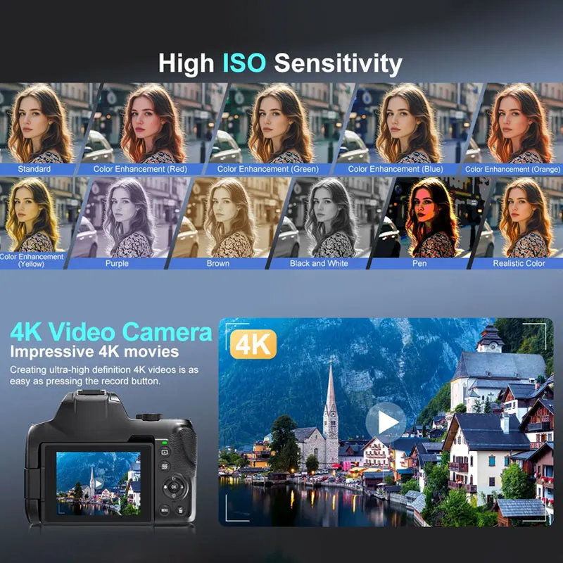 Câmera digital DSLR 4K Câmera fotográfica de 3 polegadas 72MP com zoom óptico 12X 180 °   Autofoco com tela flip para Webcast Ins YouTube