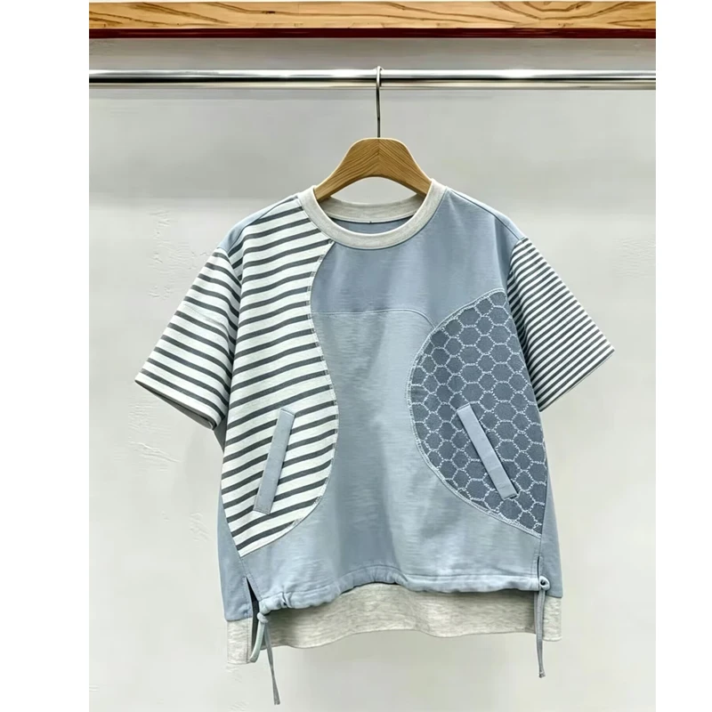 Loose Fit Women's round Neck Short Sleeve T-Shirt Striped Color Block Casual Top Asymmetrical Design Summer New Arrival