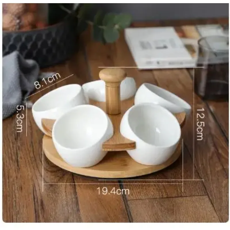 Ceramic Snack Platter Wooden Stand Rotatable Tray 5 Grids Dried Fruit Plate Bowl Afternoon Tea Dishes