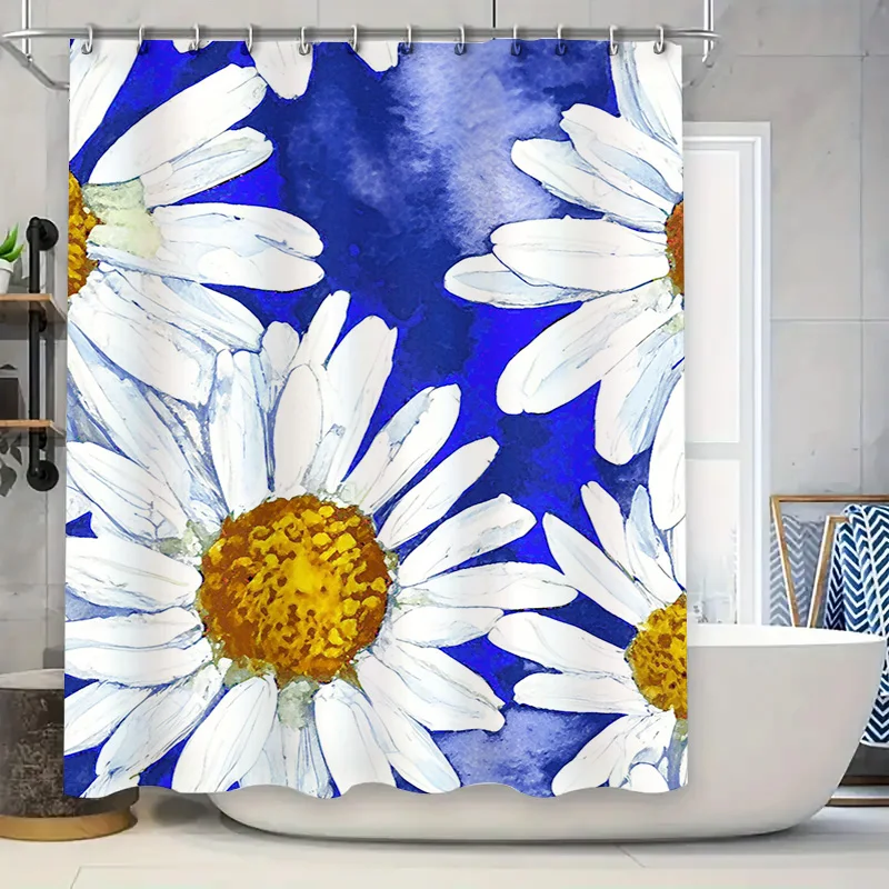 

Яркая акварельная занавеска для душа с ромашками и цветочным принтом для декора ванной комнаты, набор синих и белых ковриков для ванной в комплекте