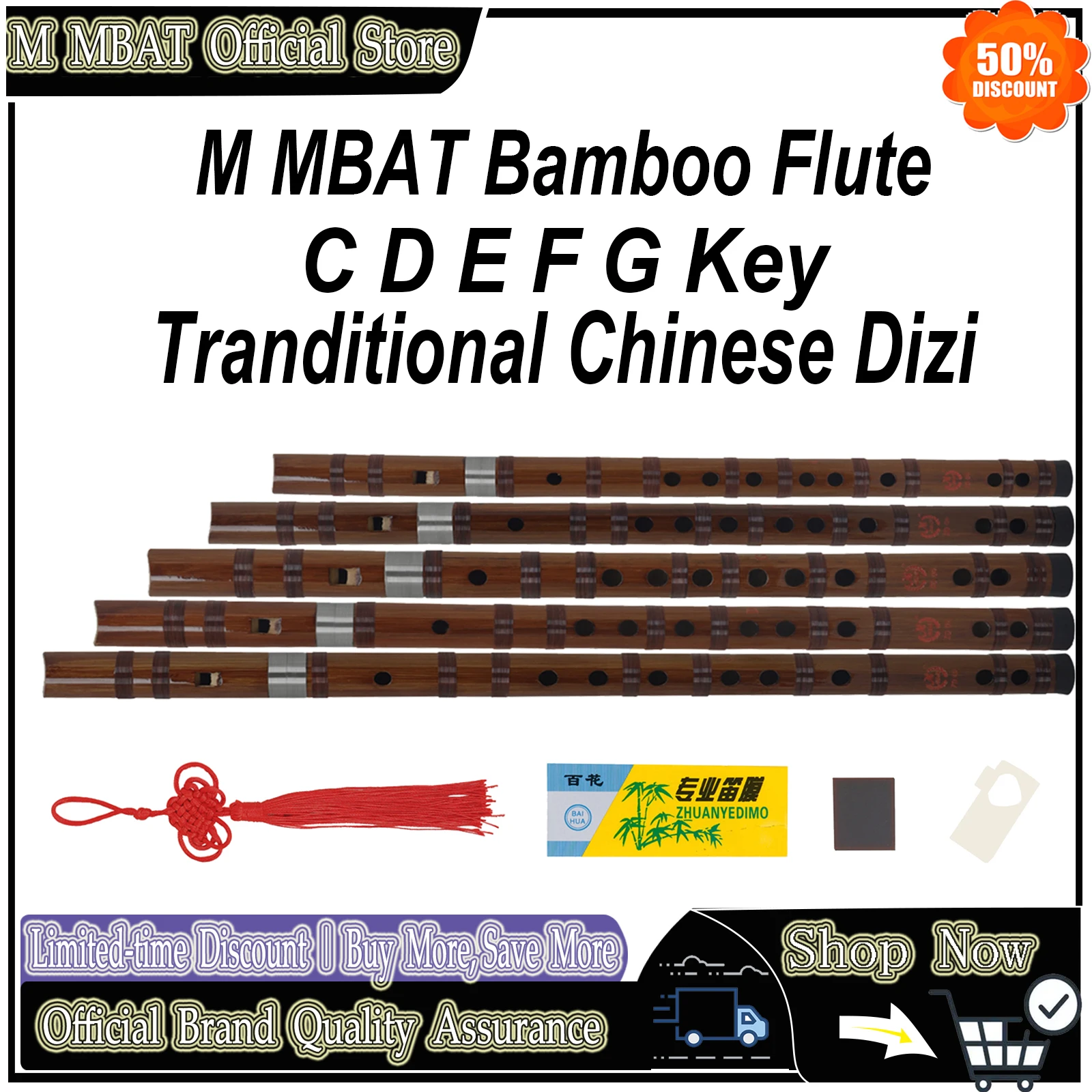 Flauta de Bambú M MBAT con Clave C D E F G, Instrumento Musical de Viento Profesional de Alta Calidad, Flauta Transversal China Dizi