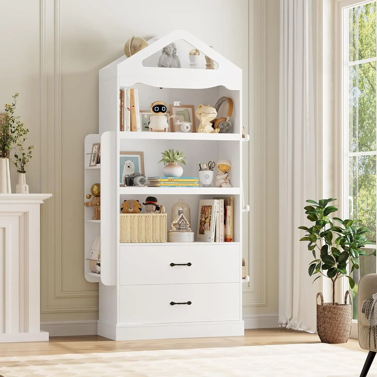 Tall Kids Bookcase, Kids Bookshelf with 2 Drawers, 4 Tier Large Book Shelves, Wood Display Standing Cabinet with Toy