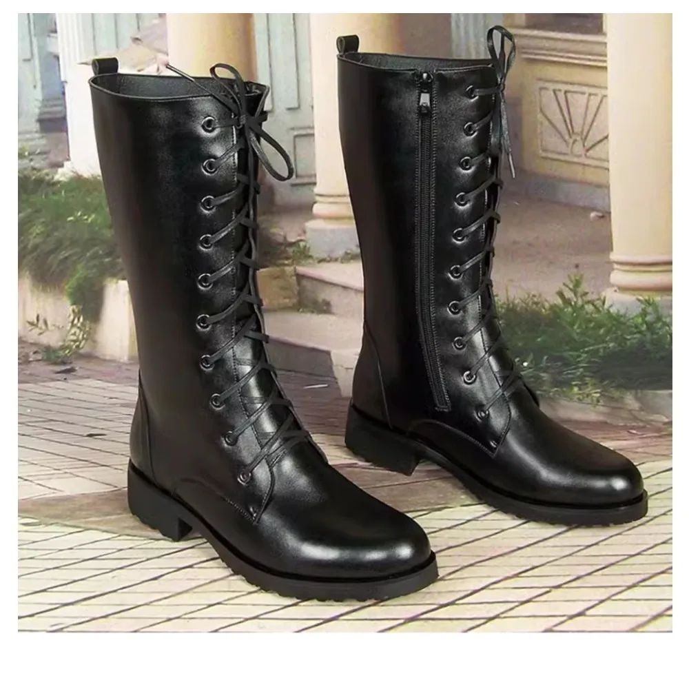 Men's Genuine Leather Lace-up Mid-calf Riding Boots,Honor Guard Parade Winter Knee-high Knight Boots Stage Performance Shoes