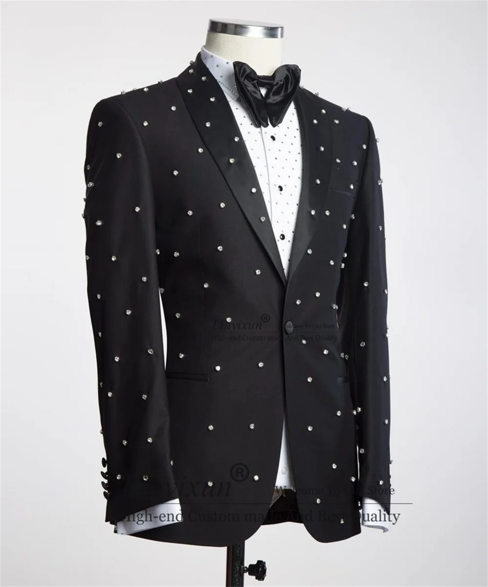 Luxury Beaded Crystals Mens Suits Slim Fit Peak Lapel Groom Wedding Tuxedos Customized Male Blazers trajes elegante para hombres