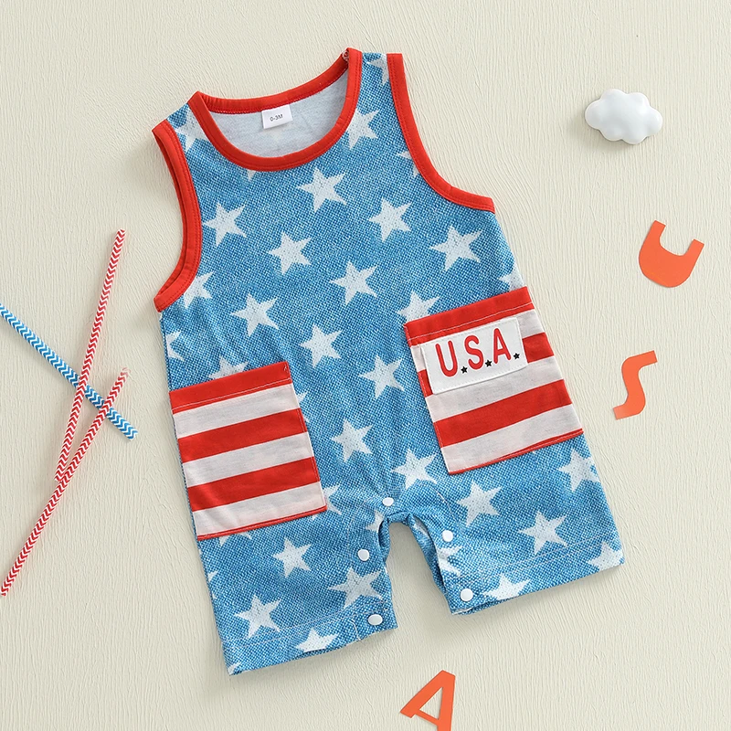 Pagliaccetto senza maniche con stampa bandiera americana del 4 luglio per bambini con tasche Adorabile completo estivo per il Giorno dell'Indipendenza