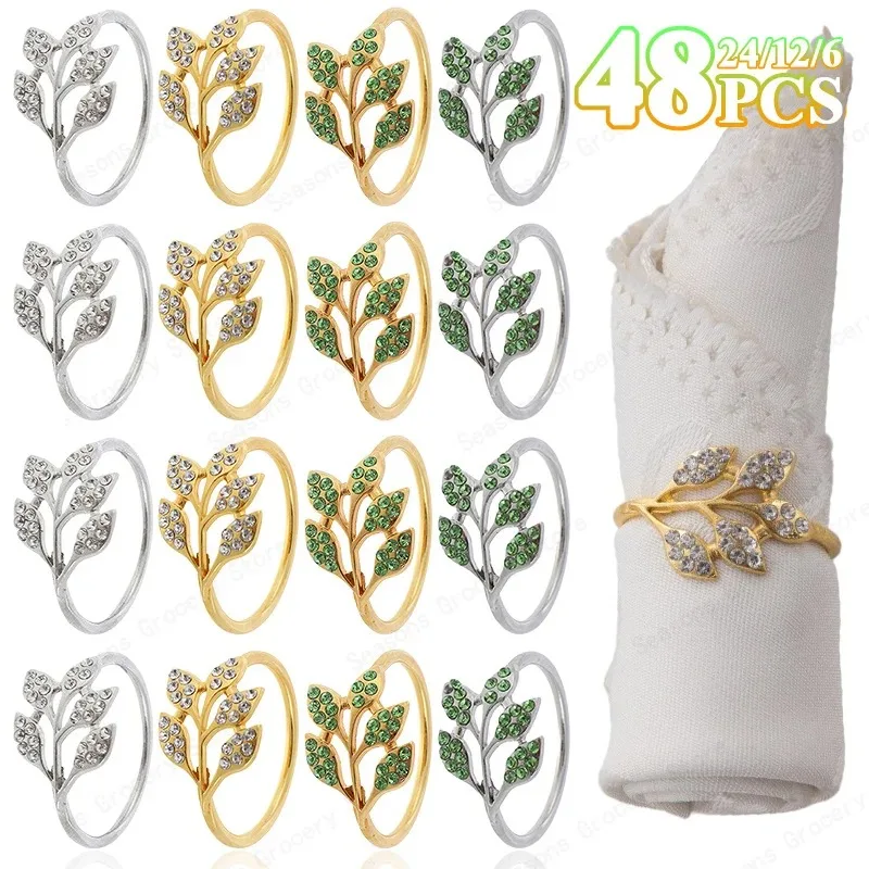

6-48PC Diamond Napkin Rings Green Leaves High-Grade Metal Napkin Buckle for Hotel Table Banquet Decorations Deco Table Mariage