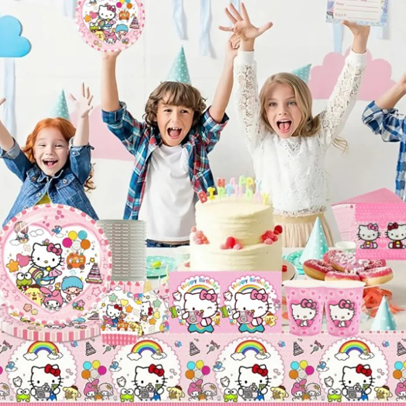 Hello Kitty Theme Girls Birthday Party Disposable Tableware Paper Cup Plate Balloon Kids Favors KT Balloon Party Decor Supplies