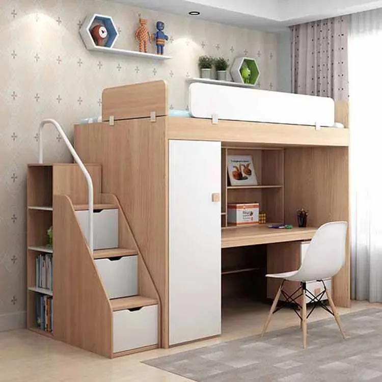 سرير خشبي بطابقين موفر للمساحة مع مكتب وخزانة ملابس، سرير متعدد الوظائف بطبقة مزدوجة مدمجة للأطفال