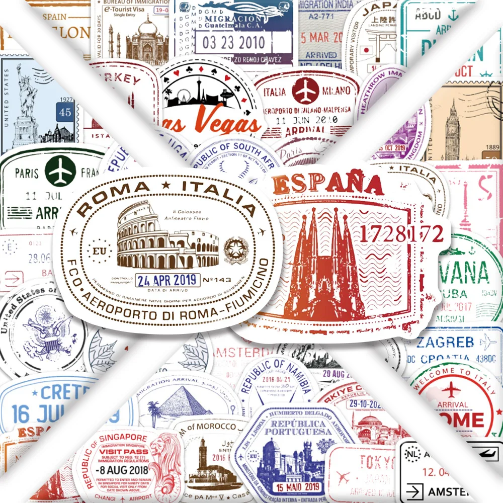 10/50PCS Passport Stamp Graffiti Sticker Fun's Waterproof Decal Water Cup Shoe Rack Laptop Wardrobe Decoration Toy Sticker