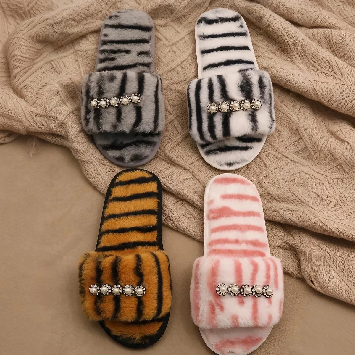 Winter Women Pearl Rhinestone Decoration Fluffy Plush Slippers Lightweight Soft Soled Home Slippers Striped Open-Toe House Shoes
