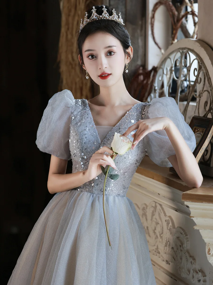 2023 Women V-neck Prom Dresses Short Sleeves Sequins Tulle Formal Party Evening Gowns Robe De Soiree