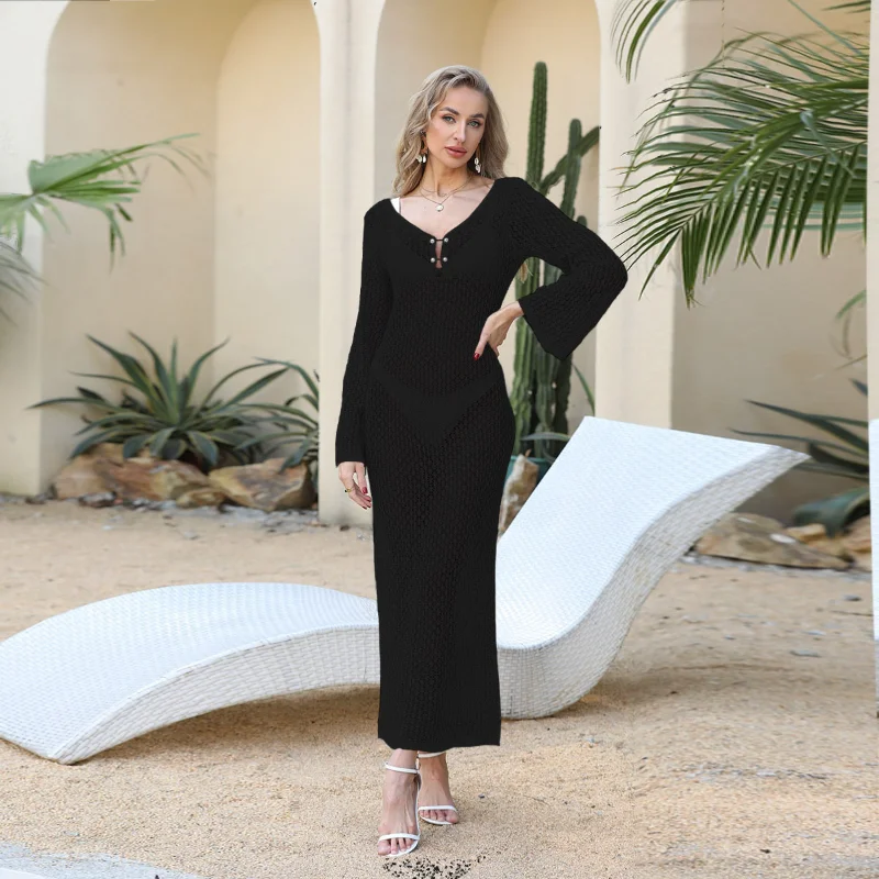 Vestido largo de manga larga para mujer, traje de baño Sexy con espalda descubierta para playa, traje de baño tejido, Vestido de playa de punto, Túnica