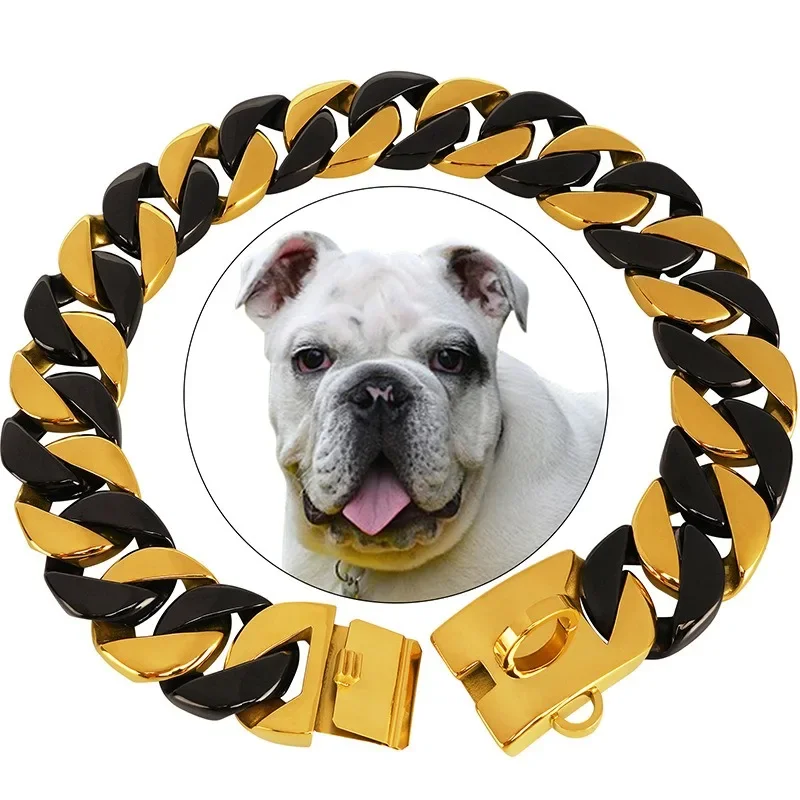 

32mm Wide Black Gold Dog Chain Collar Chew Proof Stainless Steel for Large Dogs Heavy Strong Pet Chains Collars Pet Accessories