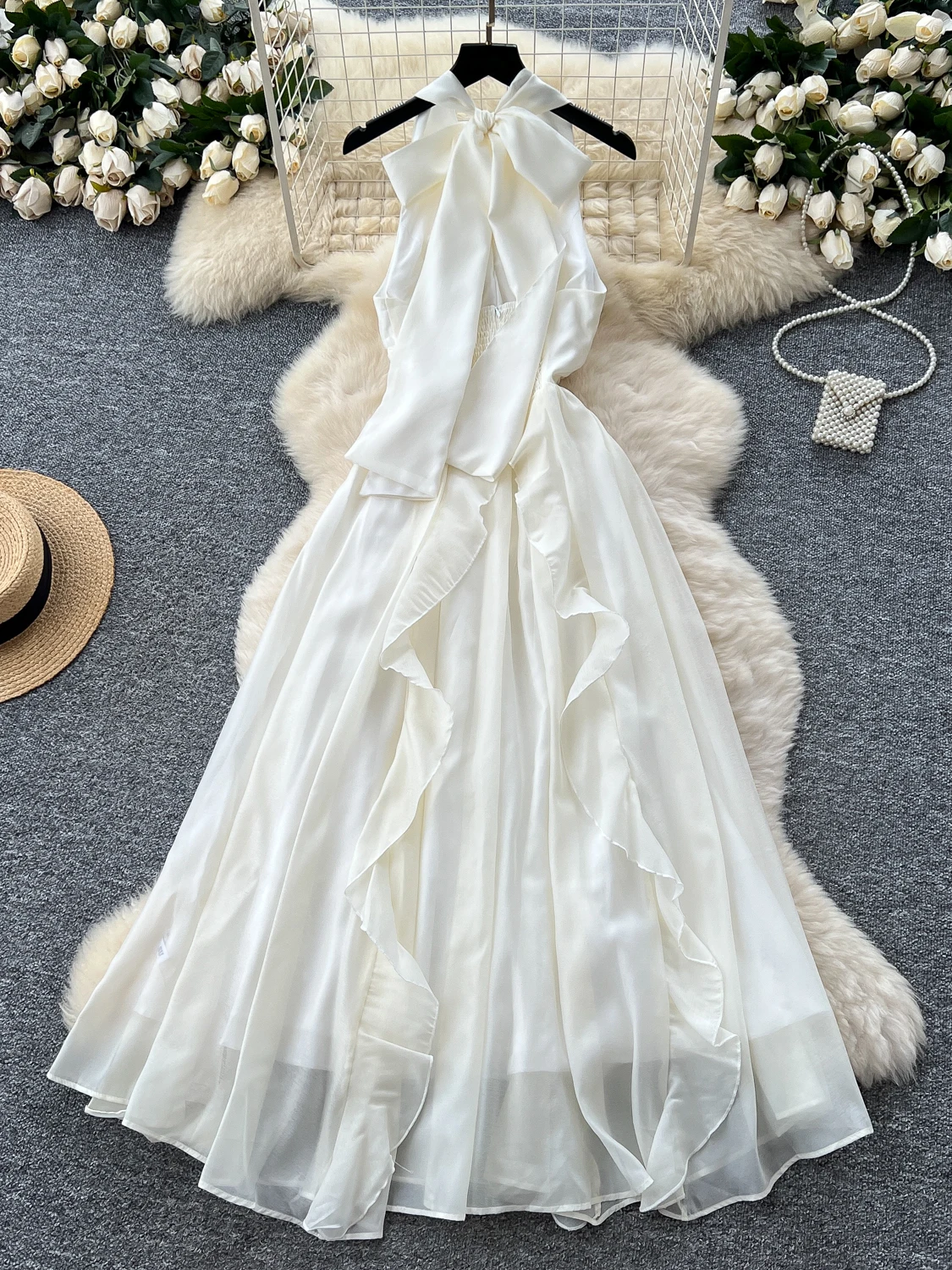 Beach Slip Dress Flower Ruffle Halter Fairy Party Dresses Women Summer Sleevelss Backless Long Robe Femmes Fashion Holiday Dress