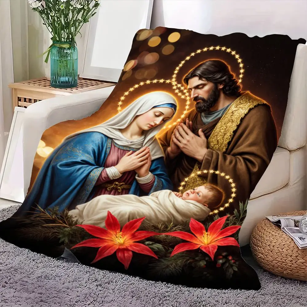 بطانية دينية للعائلة المقدسة - رمي ناعم من الألياف الدقيقة يتميز بميزة ماري وزوزيف وطفل يسوع في مشهد عيد الميلاد الاحتفالي، إليجا