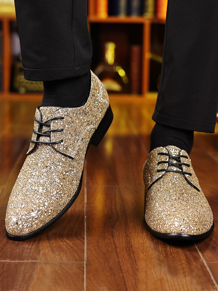 Luxe herenkleding schoenen goud zilver pailletten trouwschoenen hoge kwaliteit veterschoenen Oxford schoenen modeontwerper heren flats groot formaat - afbeelding 2