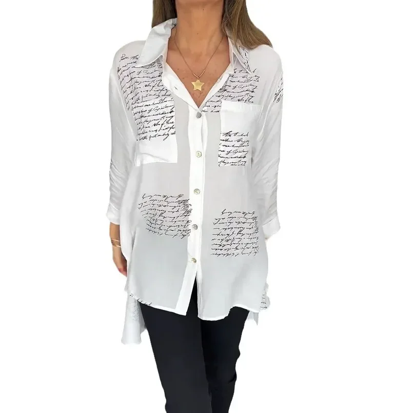 Bluzki Damskie Koszula Jednorzędowa Kołnierzyk Długi Rękaw Luźne Maxi Białe Koszule Casualowe Guziki 2025 Y2k Streetwear