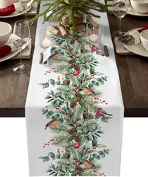 Christmas Cardinal Berry Green Plant Pine Linen Table Runner Dresser Scarves Winter Xmas Kitchen Table Runner Navidad Decoration