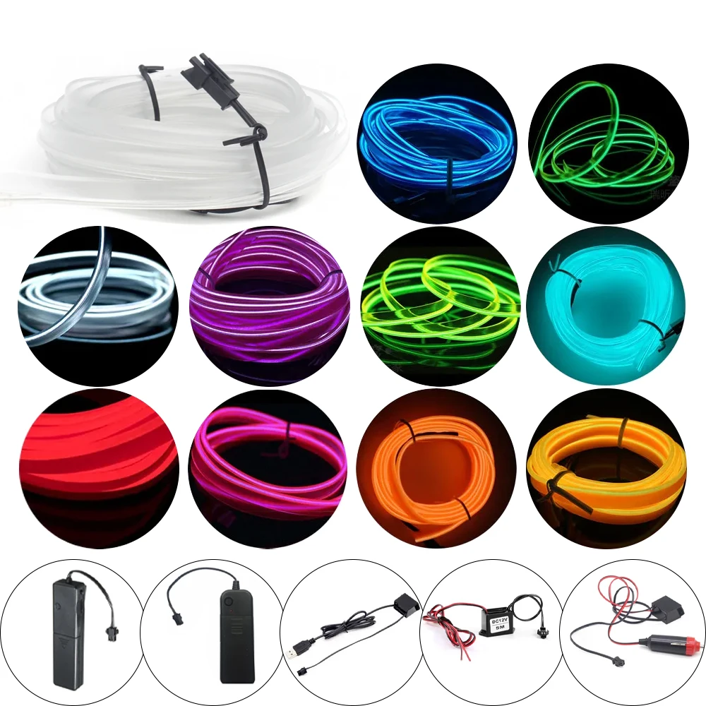 1M 2M 3M 5M EL Wire LED Neon Light 3V 5V 12V EL Rope Tube LED Strip with Inverter for Car Party Bike Decor Decoration Lighting
