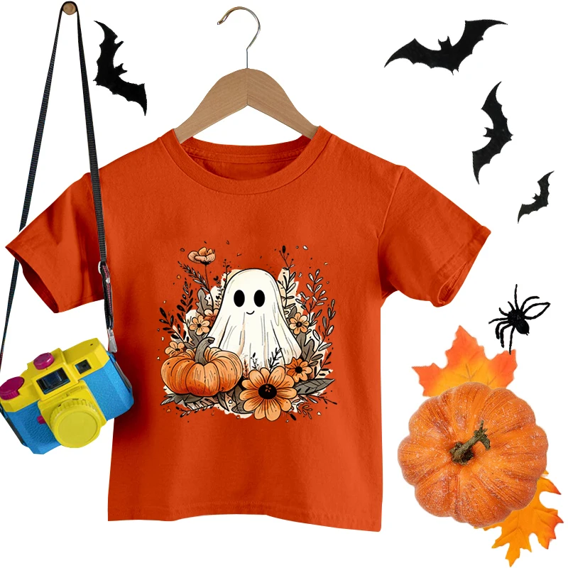 

Funny Halloween Ghost Pumpkin Flowers Print T-shirts Summer Short Sleeve T-shirts Children Boys Girls Halloween Loose Tee Shirts