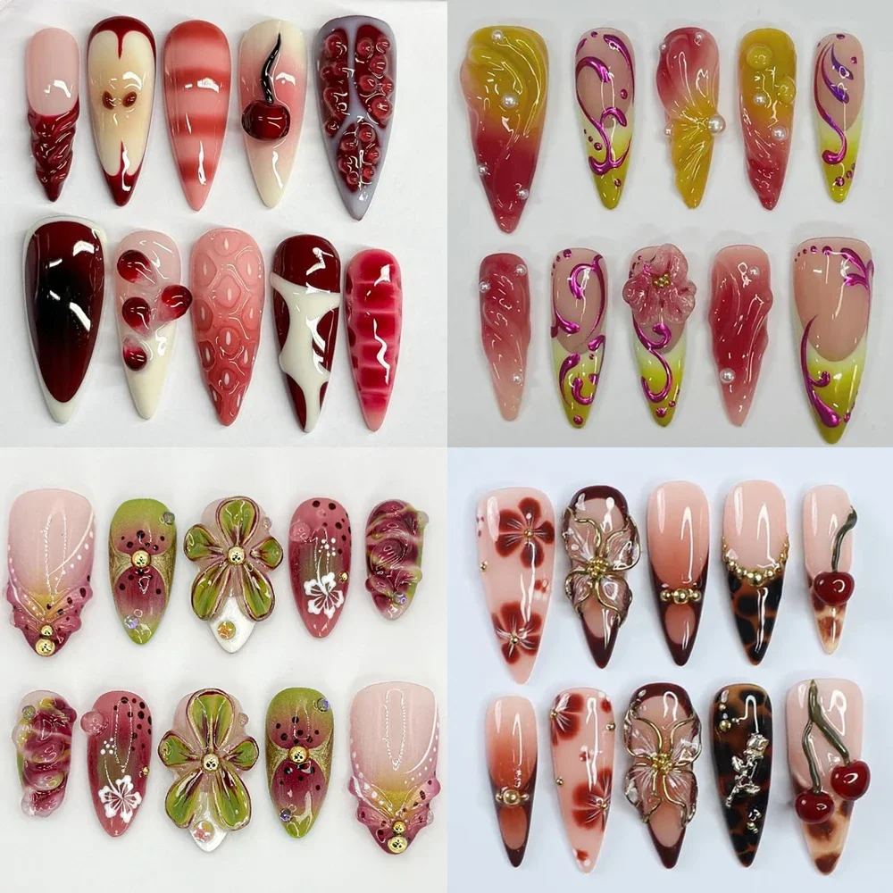

Spice Girl Customizable Almond Handmade Press On Nails Water Droplet 3D Flower Cherry Shape Full Cover False Nails Party Gift