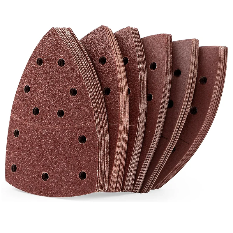 60PCS Mouse Sander Sandpaper 11 Holes Detail Sander Sandpaper Palm Sander Paper Hook and Loop Sander Pads Triangular Sanding