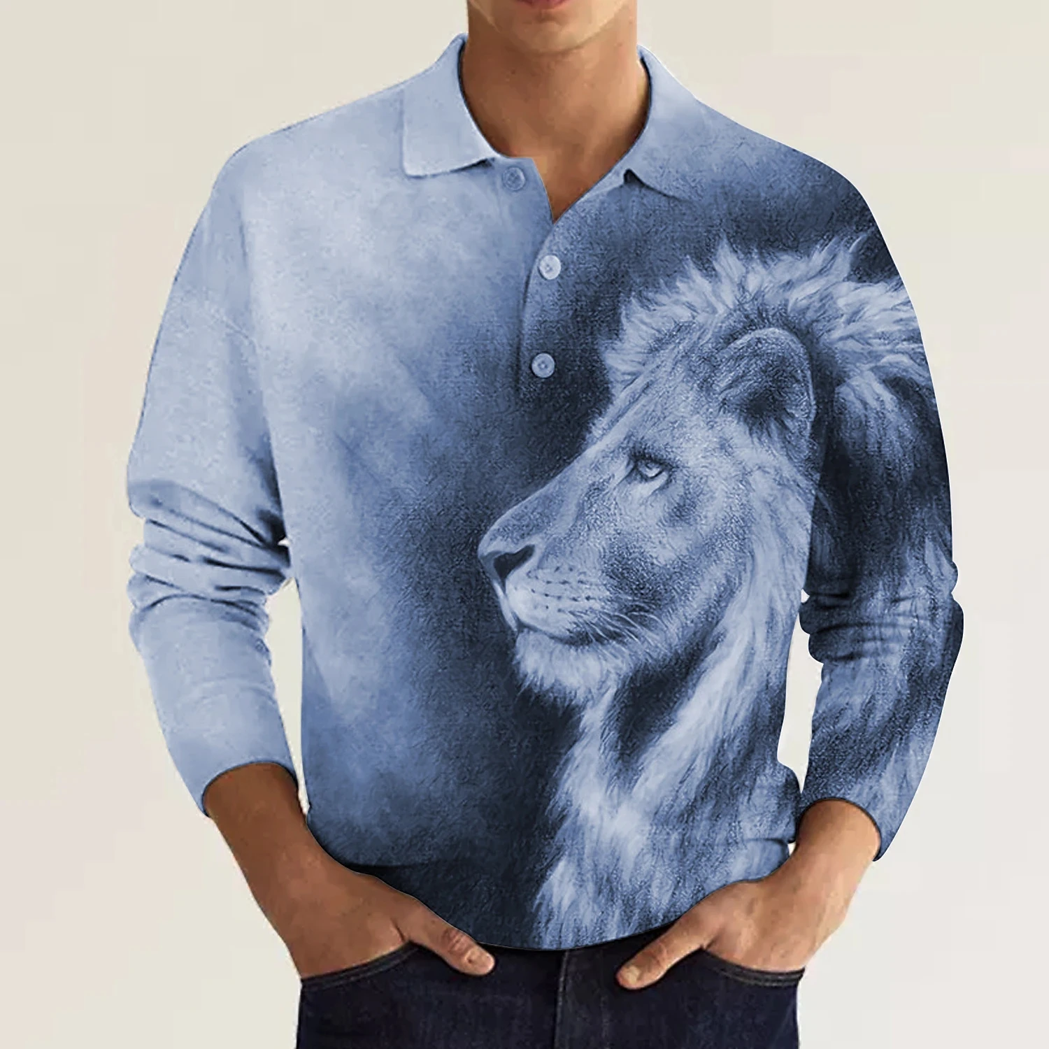 Full Print Men's Animal Lion Pattern Polo Shirts Casual Long Sleeve Buttons Polo Shirts Streetwear Mens Oversized Tee Shirt Tops