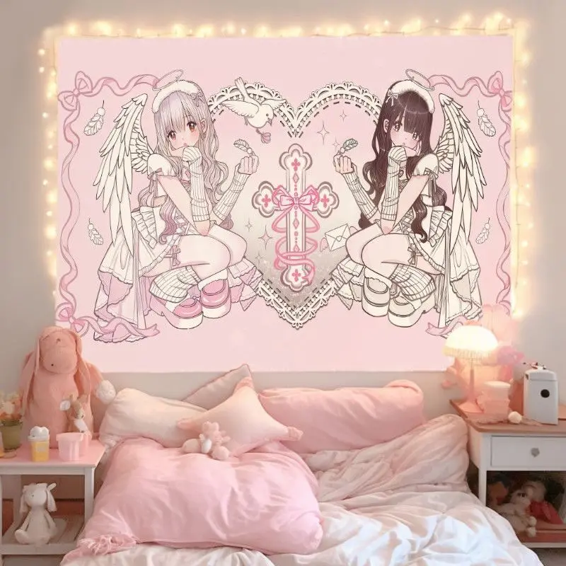 VIKAMA Twin Angel Girls Wall Tapestry Pink Kawaii Wall Hanging Backdrop Cute Art Print Dorm Bedroom Background Decor