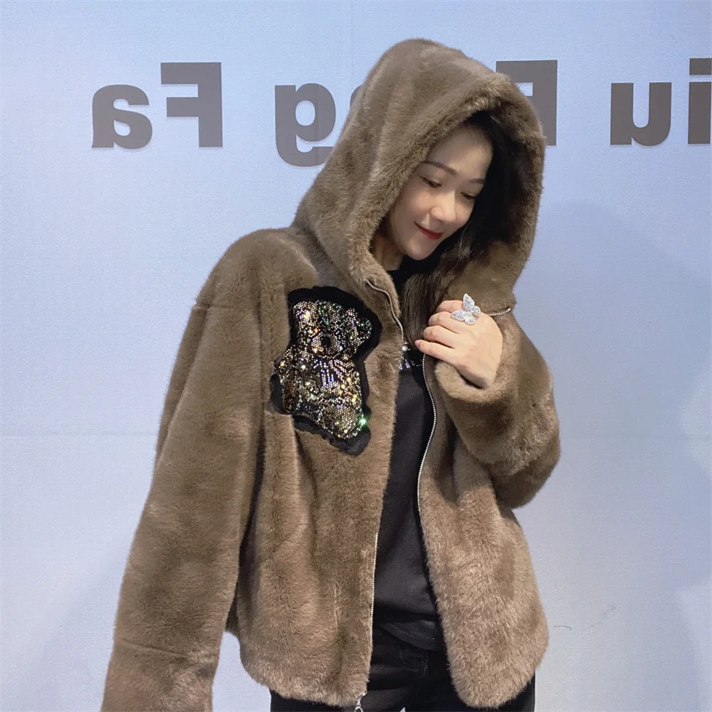 Moda inverno grosso quente jaquetas femininas casual dos desenhos animados urso diamantes zíper cardigan casacos com capuz Куртка Ж onderdelen