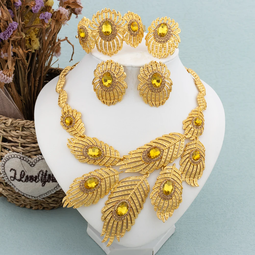 Italy Gold Color Jewelry Set Dubai Women Angel Feather Zircon Necklace Earrings Exaggerate Design Pendant Large Jewelry Bangle