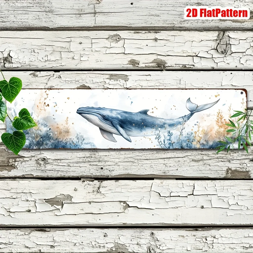 Tin Sign Watercolor Whale 2D Flat Printing Vintage Nautical Metal Wall Decor with Blue Whale Illustration, Seaweed & Gold Speck