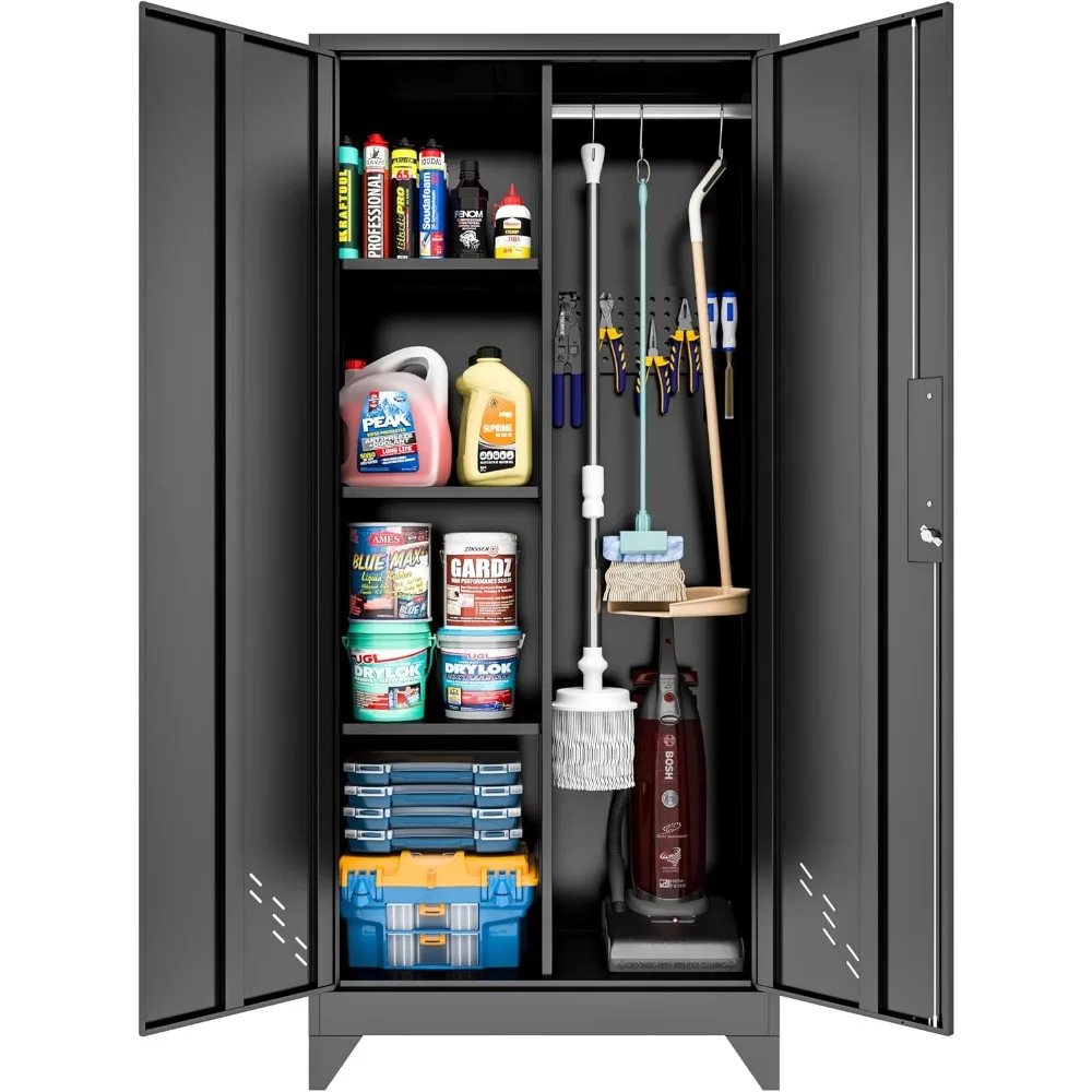 Metal Garage Storage Cabinets with Lock, Cabinet with Pegboard & Hanging Rod, Broom Closet Storage Cabinets, Black Lockable Steel Tool Cabinet for Home,Garage,Utility Room