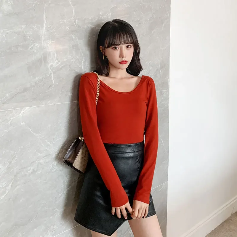 MRMT 2024 Brand Women's Slim High Waist Short Navel Cushion Tight Round Neck T-Shirt Double U-Neck Long Sleeve Navel Tops