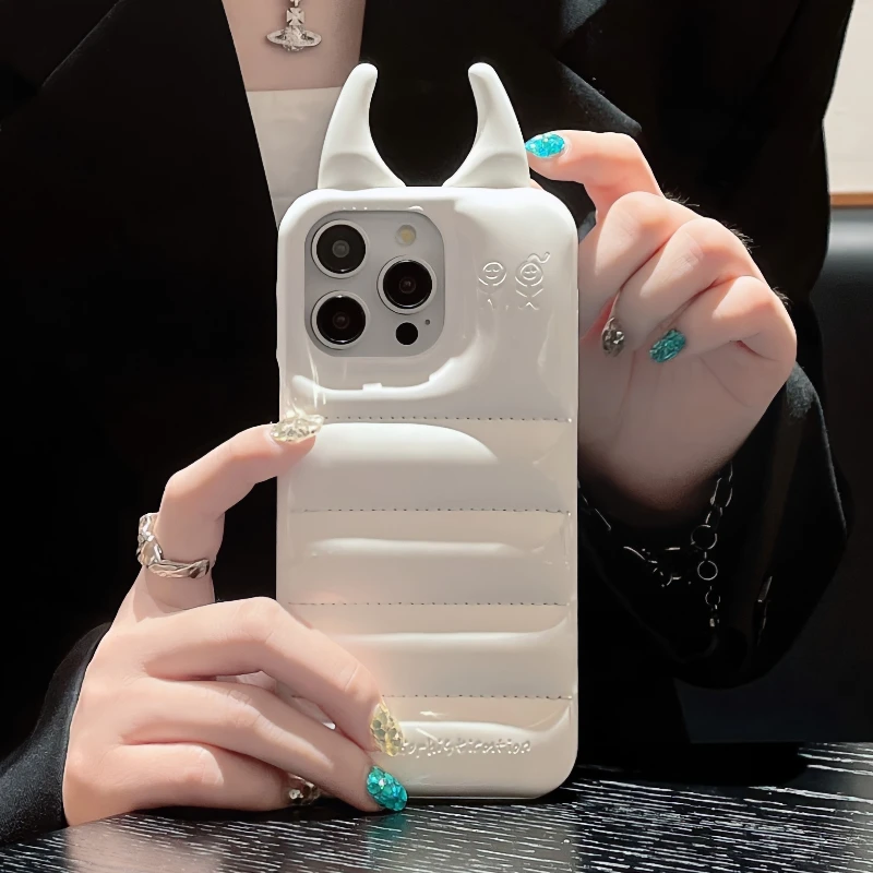 Luxury 3D Cow Horns Glossy Phone Case For iPhone 16 15 14 13 12 Pro Max Plain PU Leather Shockproof Cover Girls Gift Shell