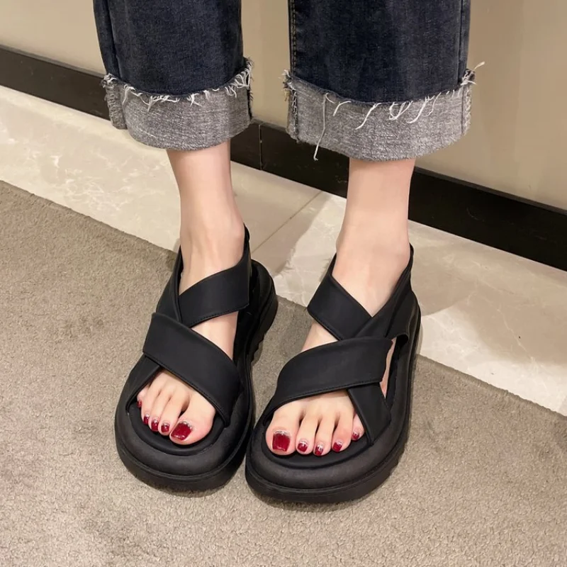 Women\'s Sandals Casual 2023 Summer Straight Buckle Open Toe Rubber Sole PU Solid Beach Fashion Sandals Women