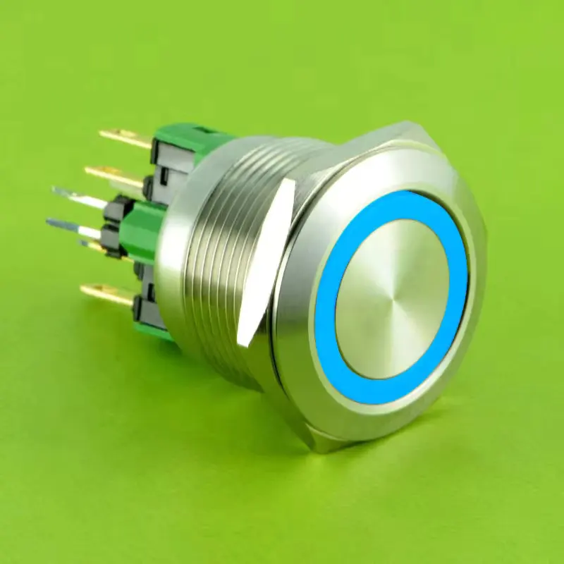 ELEWIND 22 مم ألومنيوم أسود/فولاذ مقاوم للصدأ RGB LED مفتاح بـزر دفع، 3 ألوان حلقة، مؤقتة، 12 فولت (PM221F-11E/RGB/12V/S)